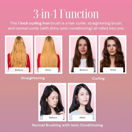 Heated Styling Brush 3-in-1 Ionic Curling Iron & Straightener for All Hair Types