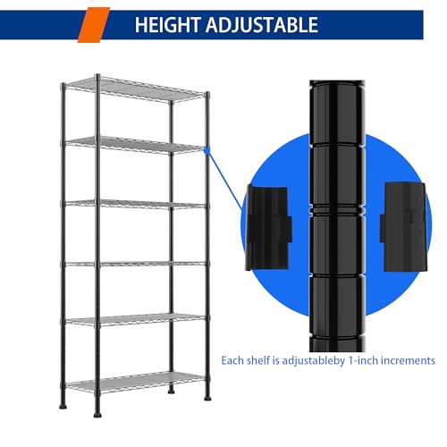 Black 6-Tier Wire Shelving Unit - Adjustable Metal Storage Rack for Laundry Kitchen Bathroom 14.1"D x 30"W x 80"H
