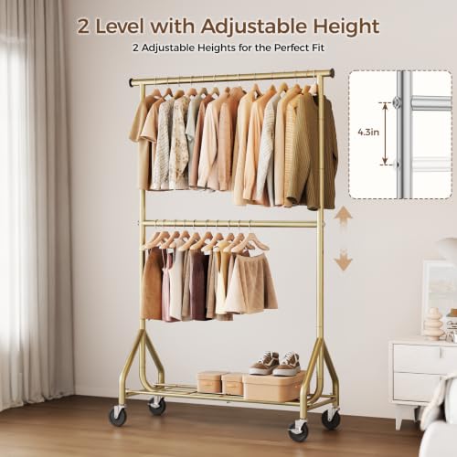 Heavy Duty Clothes Rack with Double Rod - Adjustable Freestanding Garment Organizer, Rolling Wardrobe, Gold