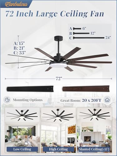 72 Inch Ceiling Fan with Lights and Remote Control - Black, Large Space, 32W LED