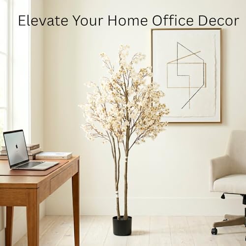 White Artificial Cherry Blossom Tree with Lights - 6ft Indoor Decor - Faux Sakura Tree for Living Room & Events