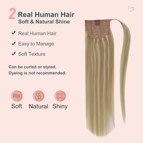 Easyouth Blonde Ponytail Extension 12 Inch Human Hair Golden Highlighted - Variation #16P24
