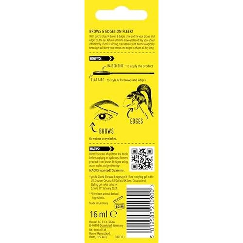 got2b Glued for Brows & Edges 2 in 1 Wand Eyebrow Gel, 72hr Hold, No White Residue or Stickness, Vegan, Silicone Free, Alcohol Free, 16 ml