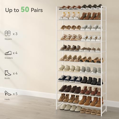 Nunsino 10-Tier Metal Shoe Rack Organizer White - Fits Up to Size 12 Shoes