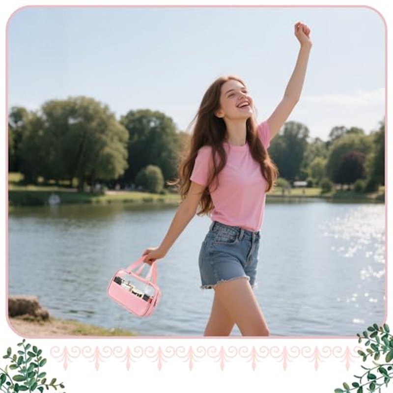 12 Pcs Translucent Make up Bag 10.2 x 6.3 x 2.8 Inches Waterproof Toiletry Organizer with Hanging Handles Portable Cosmetic Travel Bag Carry Pouch for Women and Men Travel Storage (Pink)