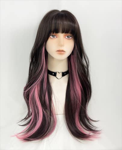 Colorful Long Wavy Synthetic Wig for Women with Bangs - Black, Brown & Pink