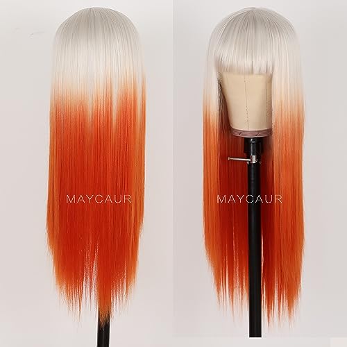 Long Straight Synthetic Wig with Full Bangs - Orange White Ombre, No Lace, Heat Resistant, 22 Inch - Fashion Women