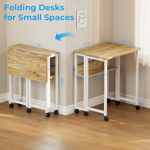 GreenForest 31.5-Inch Oak Folding Rolling Desk with Locking Wheels, Space-Saving Design