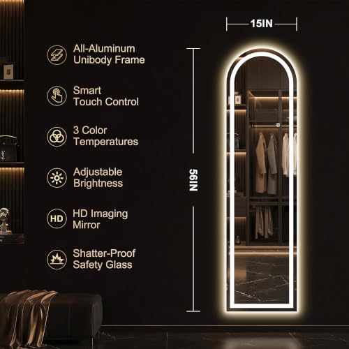 White Arched Full Length Mirror with LED Lights - 56x16 Inch Dimmable Vanity Mirror