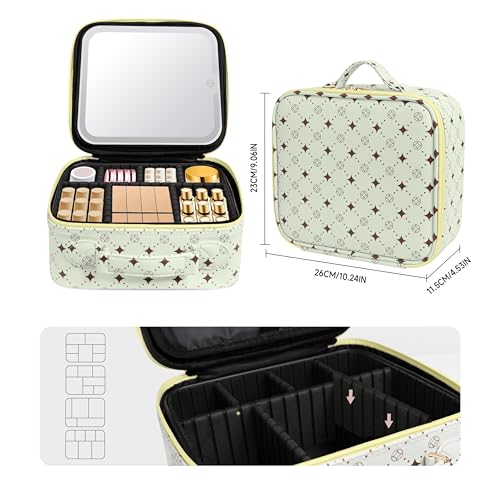 Travel Makeup Bag with 360° Rotating LED Mirror Waterproof Organizer - Green & Yellow