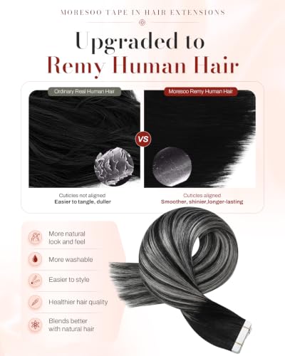 Moresoo Balayage Tape-In Hair Extensions 20 Inch Black to Silver Grey 20Pcs 50g