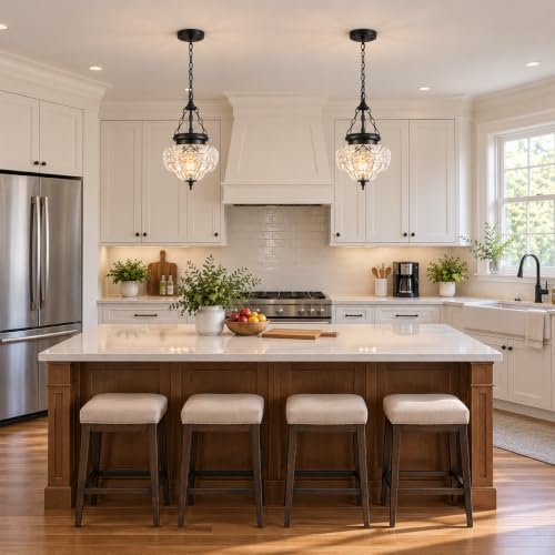 Vintage Matte Black Pendant Light Fixture with Thickened Pattern Glass - 9.5in, Adjustable Chain