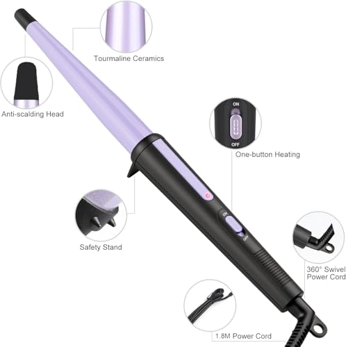 Purple Tapered Curling Wand 0.5-1 Inch for Classic Curls & Natural Waves