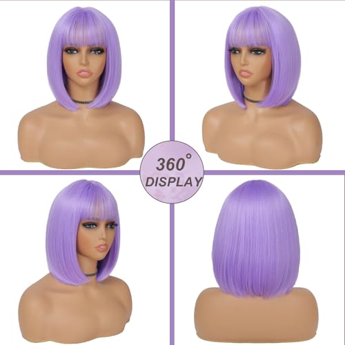 Purple Bob Wig with Bangs - 12 Inch Short Lavender Synthetic Wig for Women