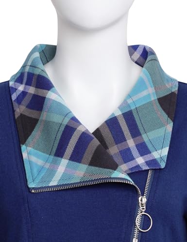 VALOLIA Blue XX-Large Women's Casual Swing Sweatshirt with Zipper Lapel Tunic