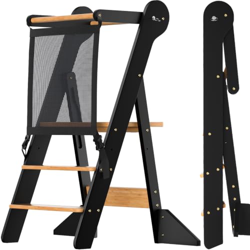 Foldable Toddler Standing Tower Kitchen Step Stool Charcoal & Natural