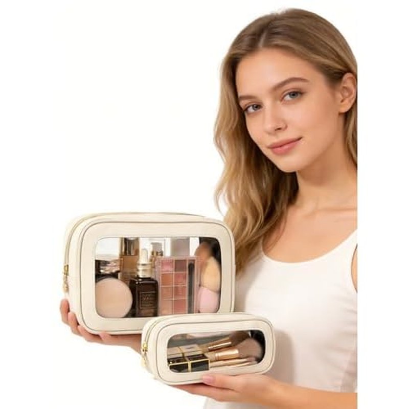 2Pcs Clear Makeup Bags Set, Clear Travel Makeup Brush Holder Leather Makeup Case Toiletry Bag with Zipper Portable Cosmetic Pouch Waterproof Makeup Brush Storage Bag Car Bag for Essentials (White Set)