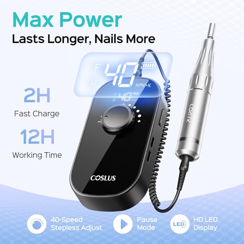 COSLUS E51 Professional Electric Nail Drill, 40000 RPM Portable Rechargeable Nail File with Storage Stand for Acrylic Gel Polishing Removing - Easy to Use for Women, Manicure at Home or Salon, Black