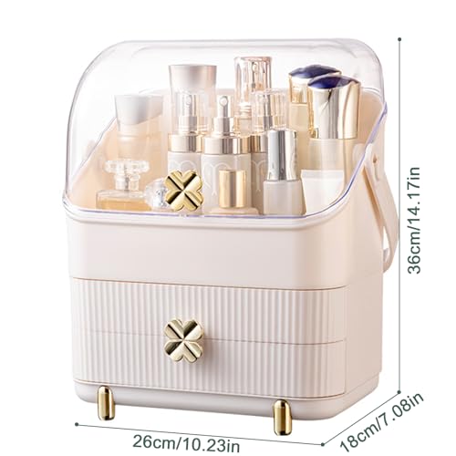 Preppy Skincare Organizers Makeup Organizer Holder Cosmetic Storage Box Display Case 3 Tiers Dust Free Cover Portable Handle 2 Rroomy Drawers Gift Great For Bathroom Countertop Dresser Ivory White