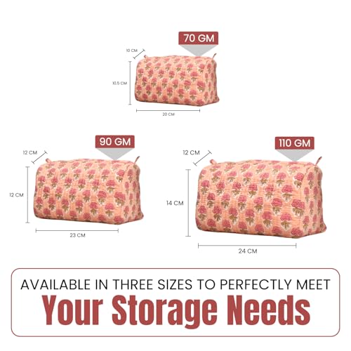 Cotton Hand Block Floral Print Toiletry Bag For Women Make Up Cosmetic Bag Jewelry Organizer Kit Storage Case Travel Accessories Essential Toiletries Purse Pouch (Orange - Set of 3 Small Medium Large)