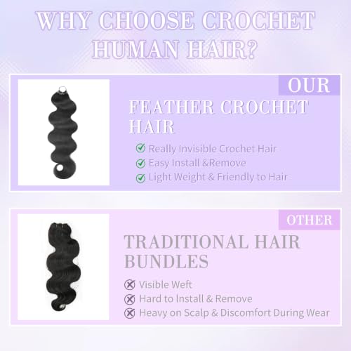 Crochet Human Hair Body Wave with Knots - 18 Inch, 50g - Unprocessed, Reusable