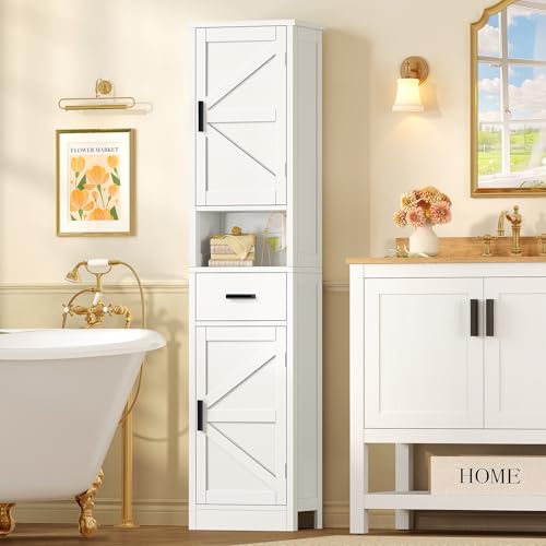 White Tall Bathroom Storage Cabinet with Barn Doors and Drawer - 67 Inch