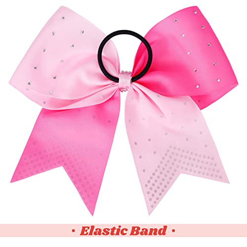 DEEKA Pack of 10 Large Cheer Hair Bows 8" with Rhinestones for Girls, Softball & Cheerleader Sports - Light Pink/Hot Pink