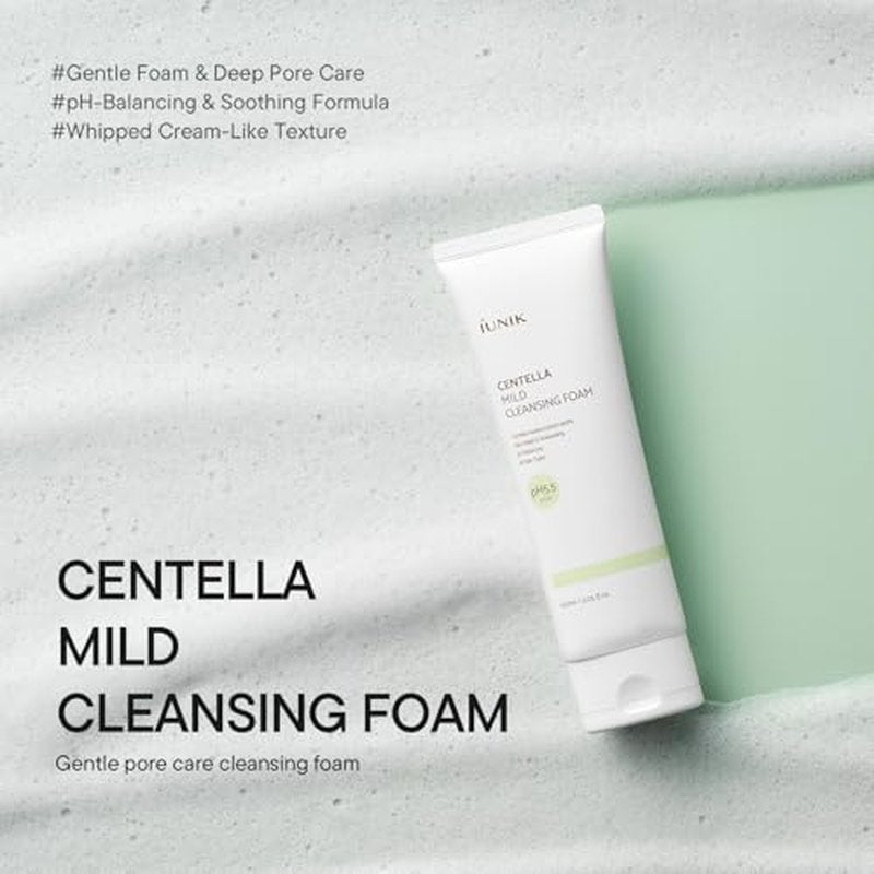 IUNIK Centella Mild Facial Foaming Cleanser - Non-stripping Sub-Acid w/Centella Asiatica 49% Moisturizing pH Balancing for Oily Dry Senstivie Acne-prone skin Vegan Korean Skincare