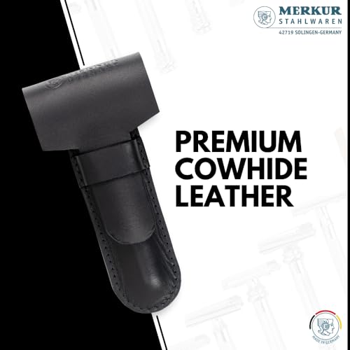 MERKUR Black Leather Razor Case ? Vegetable-Tanned Cowhide, Precision Fit for Safety Razors up to 110 mm, Protective Travel Cover, Made in Germany