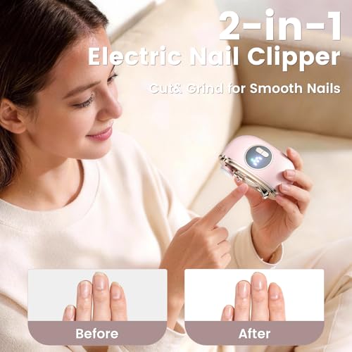 Electric Nail Clipper, 2 in1 Smart Toenail Clippers with Polishing for Fingers and Toes, Rechargeable Fingernail Trimmer with 3 Adjustable Speeds for Senior Adults Men Caregivers(LightPink)