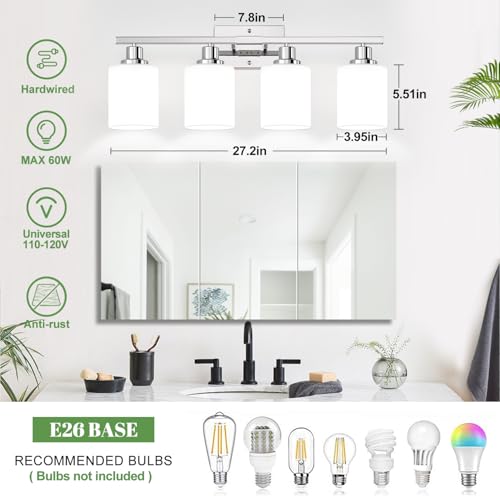 Chrome 4-Light Vanity Light with Milky White Shades - Modern Bathroom Fixture