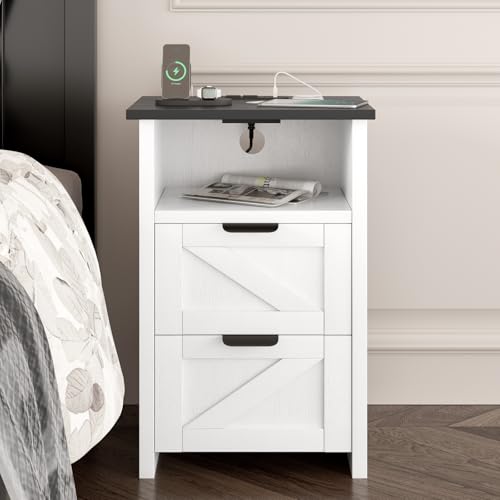 White Farmhouse Nightstand Set of 2 with Charging Station & Storage
