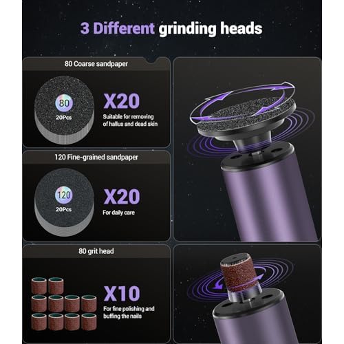 5-in-1 Professional Electric Callus Remover(Portable & Foldable), Removes 99.92% of Calluses in 3 Mins, Rechargeable Foot File Pedicure Kits with 10 & 40 Grit Pads for Soft Smooth Feet, Purple