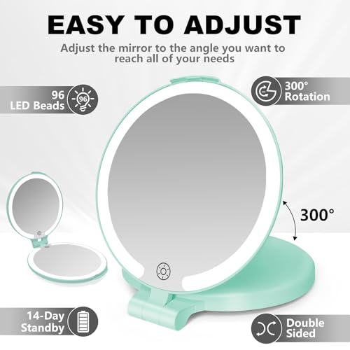 7 Inch Rechargeable Folding Double Sided Makeup Mirror with Lights - Cyan