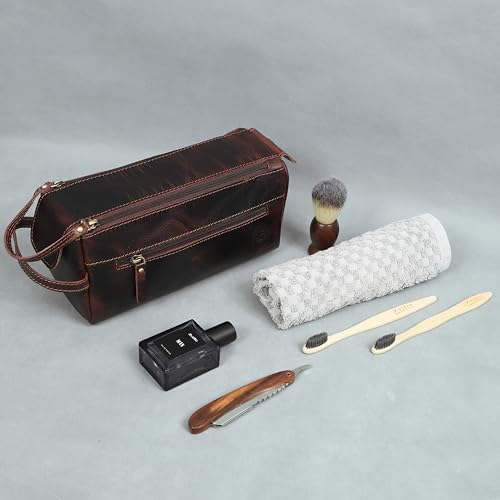 Toiletry Bag | Leather Dopp Kit for Men & Women ? Water-Resistant, Durable & Stylish ? Travel Organizer with Multiple Compartments | Grooming Essentials, Shaving & Makeup Pouch (Brown)