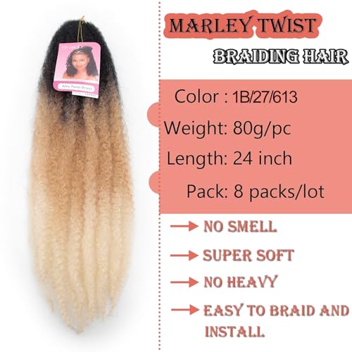 BYKSVIOC 8 Packs Blonde and Brunette Marley Twist Braiding Hair 24 Inches - Afro Kinky Curly Faux Locs Synthetic Crochet Hair Variation of 1B/27/613