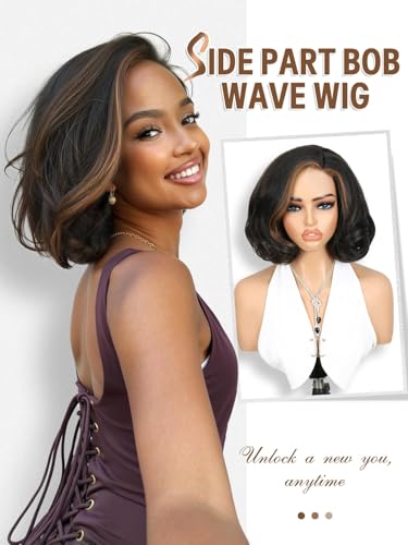 Highlight Brown Short Yaki Curly Wig 10 Inch Natural Wave Bob Hair