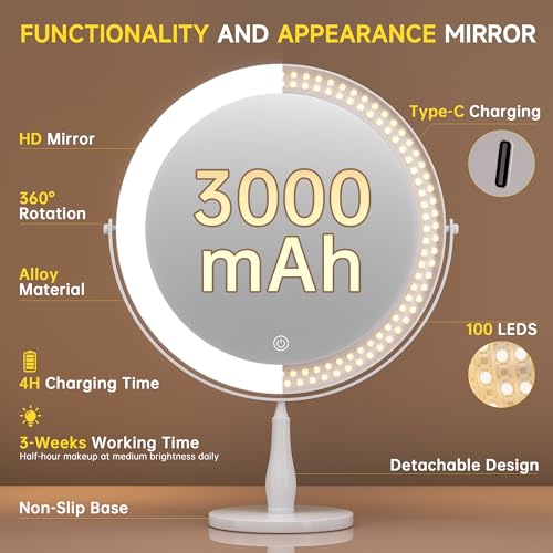White 8-Inch Rechargeable Makeup Mirror with 10X Magnification and LED Light - 14-Inch Vanity