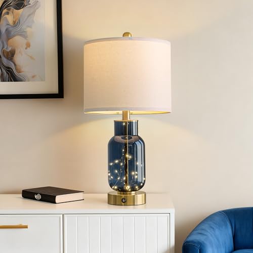 22-Inch Glass Table Lamps Set of 2 with LED Nightlight - Blue - Bedroom Decor