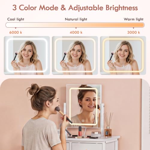 White Small Makeup Vanity Table with Mirror and Light - Space-Saving Compact Desk with Drawers & Chair
