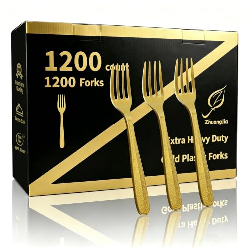 Heavy Duty Gold Plastic Forks 1200 Count - Disposable Flatware for Events