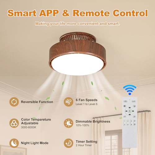Walnut Bladeless Ceiling Fan with Lights, 11 Inch Flush Mount Fandelier, Remote Control, Dimmable LED for Bedroom & Kitchen