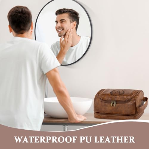 Personalized Gifts Travel Toiletry Bag for Men Him, Laser-Engraved Initial PU Leather Waterproof Shaving Bag Christmas Birthday Gift for Men Dad Husband Boyfriend Groomsmen, Light Brown M