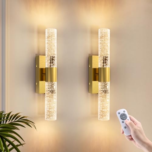 VOLISUN Gold Battery Operated Wall Sconces Set of 2 with Remote, Rechargeable Wireless Wall Lights for Living Room & Bedroom
