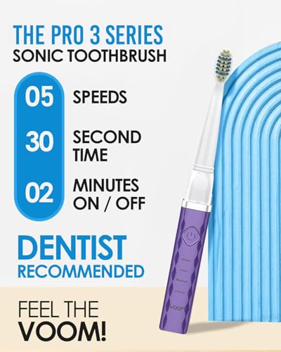 Voom Sonic Pro 3 Series Purple Ultrasonic Electric Toothbrush - 3 Speeds, USB Rechargeable, 40,000 Strokes/Min, Travel & Bathroom Use