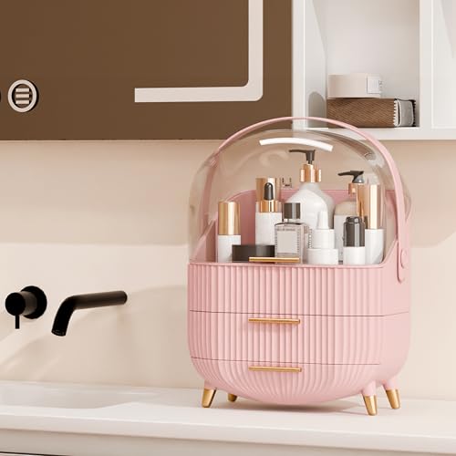 Makeup Organizer for Vanity Cosmetics Skincare Organizers with Lid and Drawers Display Cases for Countertop (Pink)