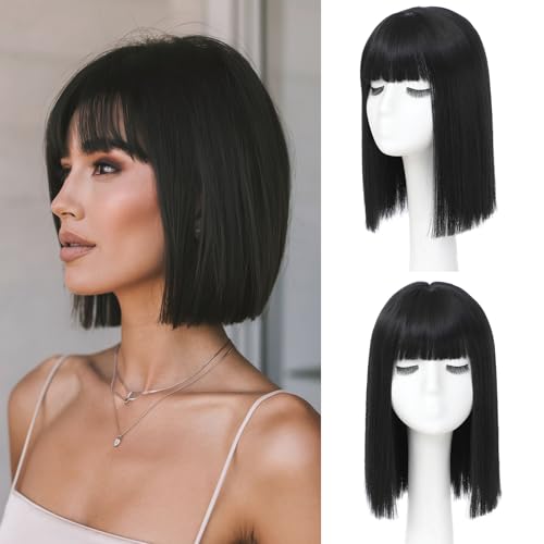 Black Synthetic Bob Wig with Bangs - Heat Resistant 14 Inch Short Straight Cosplay Hair for Women & Girls - Variation: Black