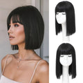 Black Synthetic Bob Wig with Bangs - Heat Resistant 14 Inch Short Straight Cosplay Hair for Women & Girls - Variation: Black