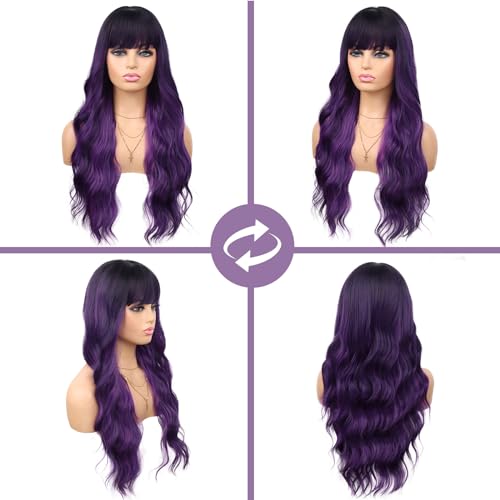 Ombre Purple Long Wavy Wig with Bangs for Women, 26 Inches, Heat-Resistant Synthetic Hair, Daily & Party Use
