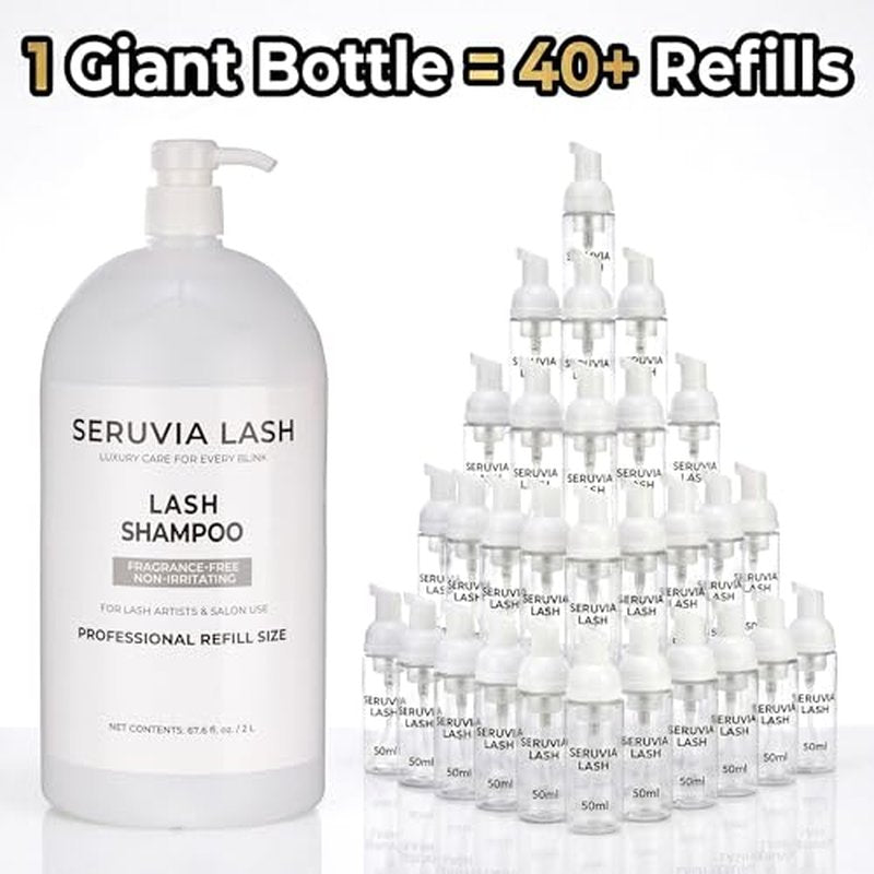 2L Lash Shampoo Bulk Refill Kit, Eyelash Cleanser for Extensions & Safe Makeup Remover, Oil-Free Lash Wash for Sensitive Eyes with 4 Bottles, 12 Brushes & 22 Cards, Salon & Home Use